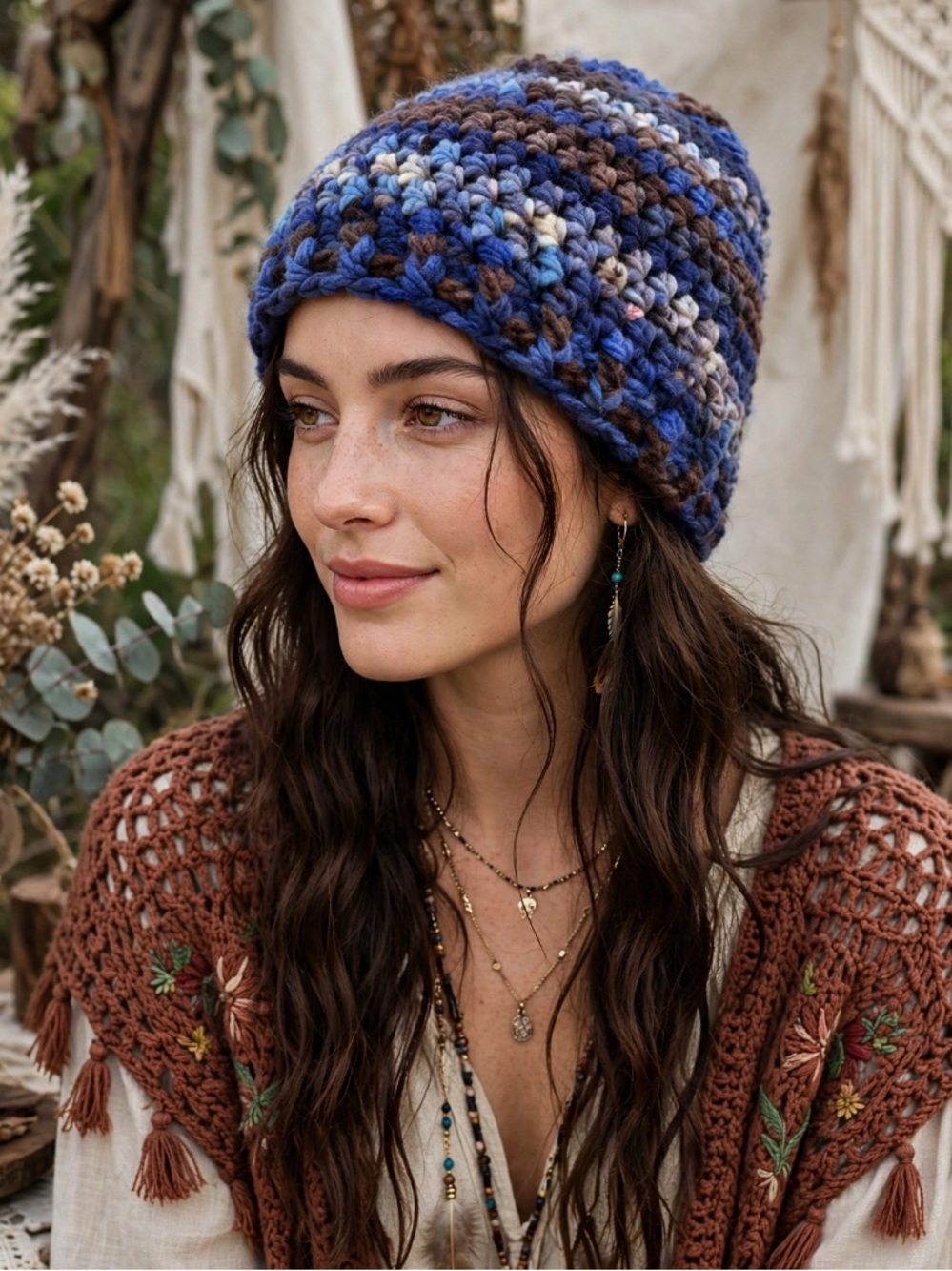 New Chunky Apres Crochet Beanie Navy Blue Brown White